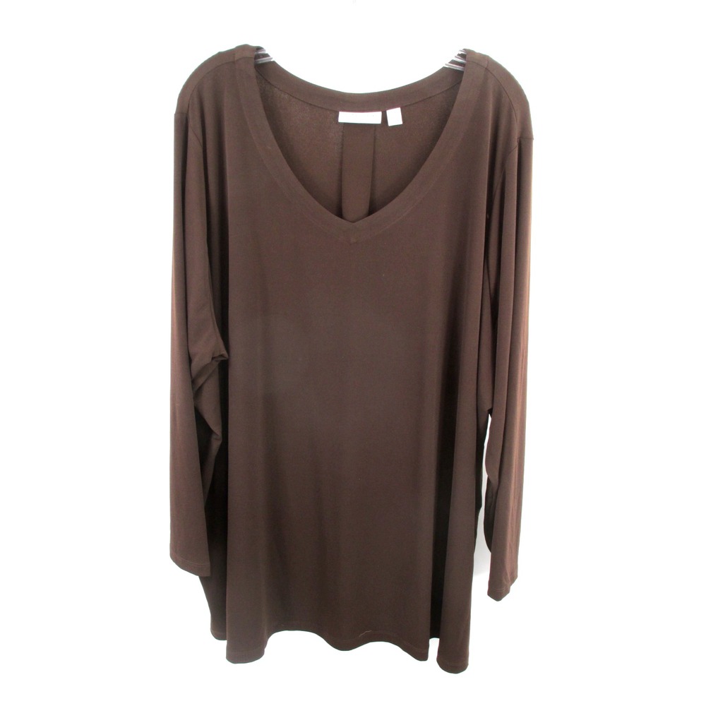 Susan Graver Brown V-Neck Tunic Top Pullover 4XP Plus Lagenlook Minimalist